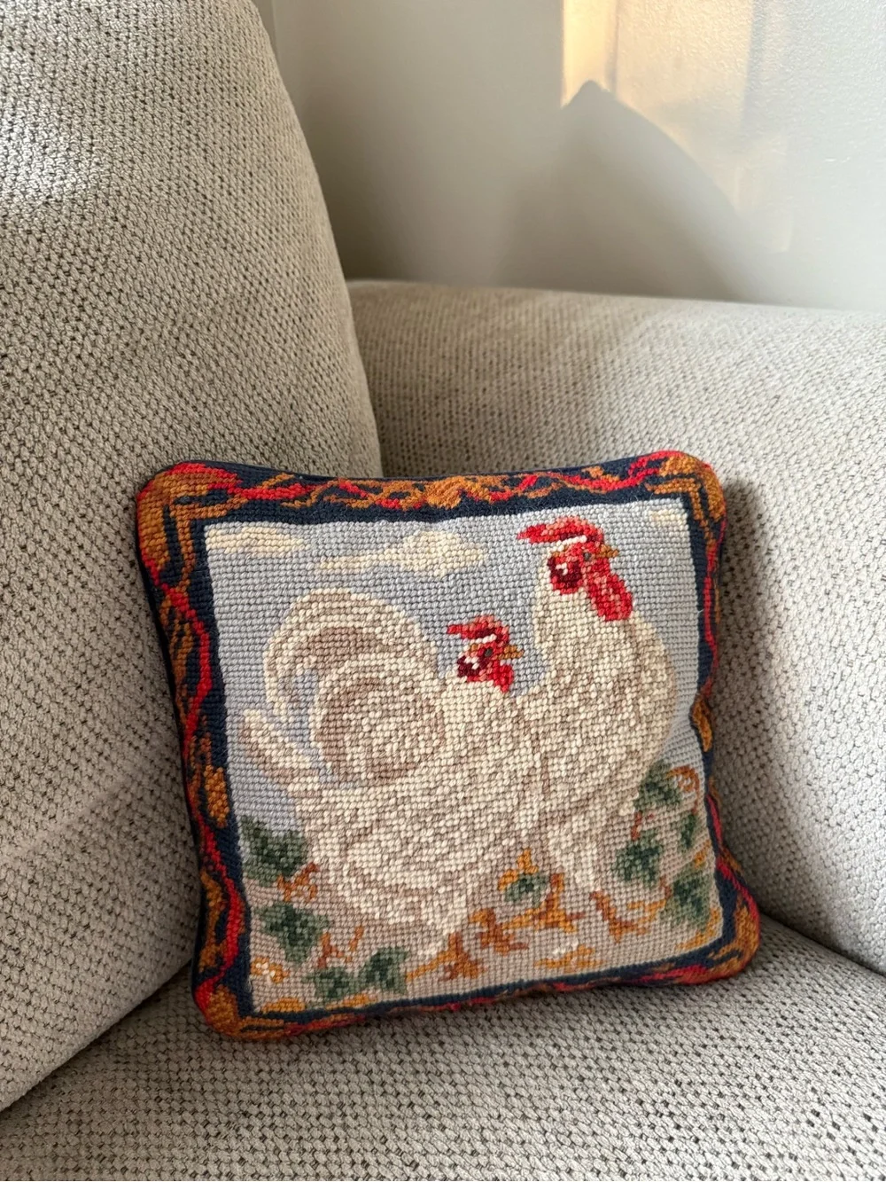 Vintage Cream Rooster Needlepoint Throw Pillow - Unbranded